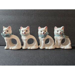 Set Of 4 Ron Gordon Designs Ceramic Cat Napkin Rings With Blue Bows